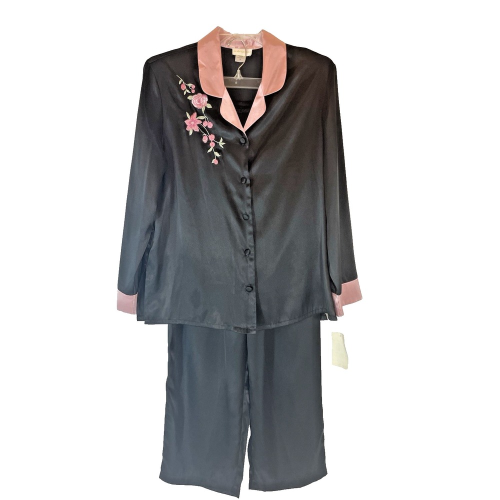 Vtg Whispers Ladies M Satin Pajama Set Black‎ New NWT Embroidered Pink Flowers